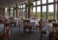 interior of restaurant with large picture windows