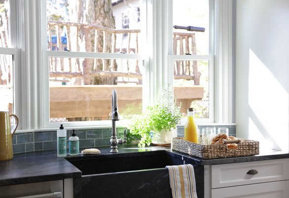 interior of kitchen with double hung window